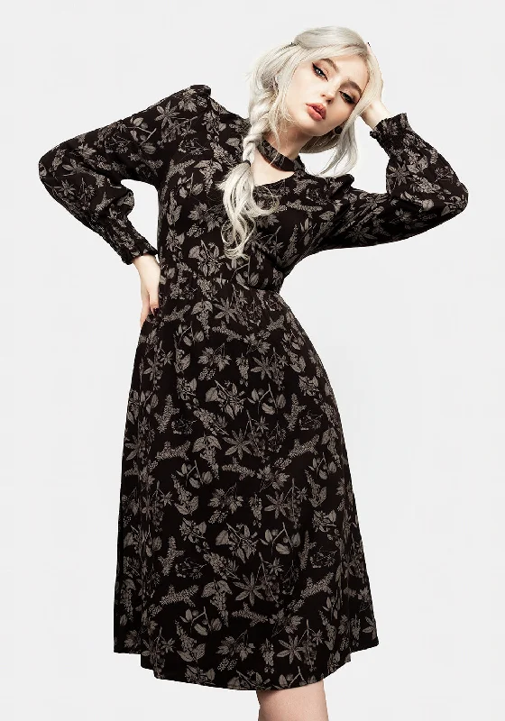 Poisonous Plant Puff Sleeve Midi Dress