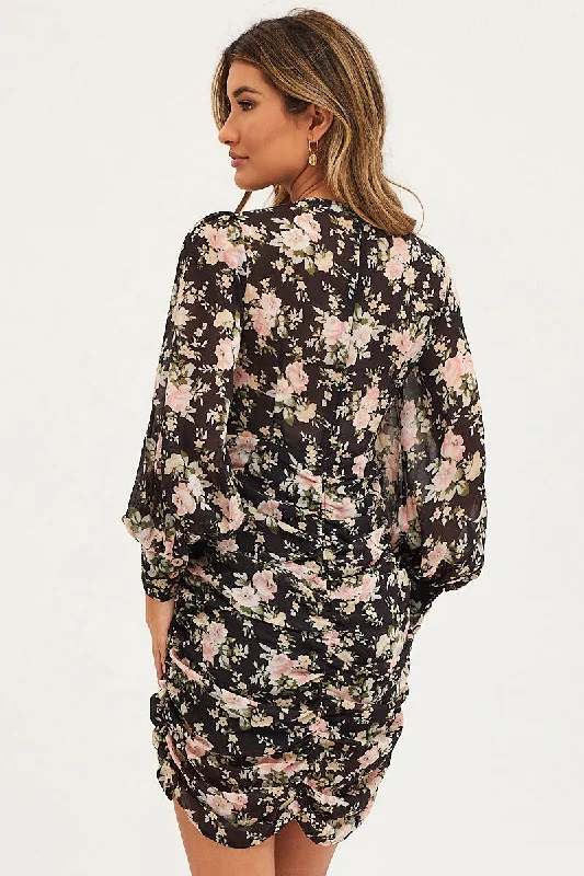 Print Dress Long Sleeve Mini Ruched