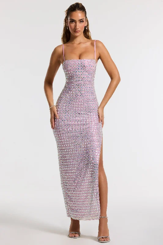 Embellished Square Neck Evening Gown in Lilac