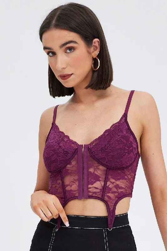 Purple Corset Top Sleeveless Sweetheart Crop Garter Lace