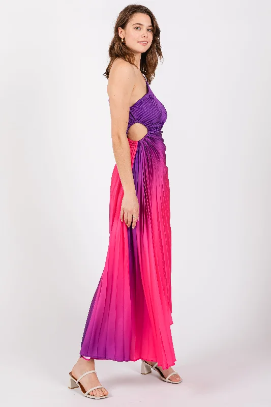 Purple Ombre Pleated Asymmetrical Maxi Dress