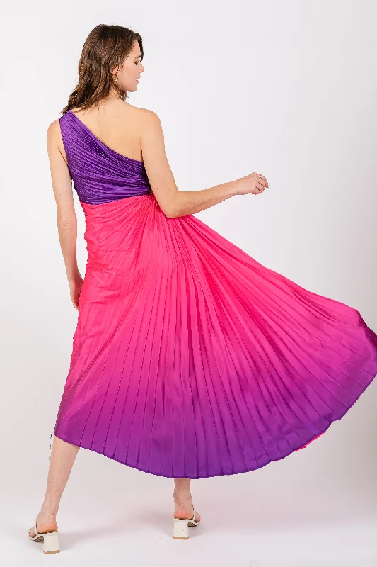 Purple Ombre Pleated Asymmetrical Maxi Dress