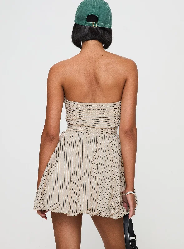 Quinette Strapless Bubble Hem Mini Dress Beige Stripe