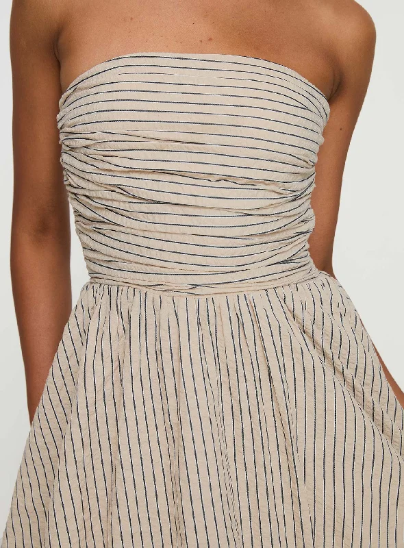 Quinette Strapless Bubble Hem Mini Dress Beige Stripe