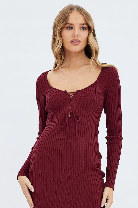 Red Knit Dress Long Sleeve Midi