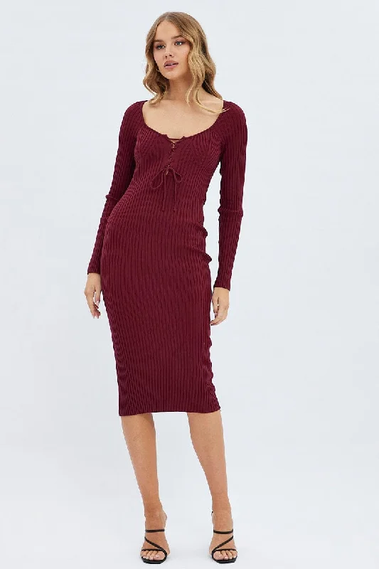 Red Knit Dress Long Sleeve Midi