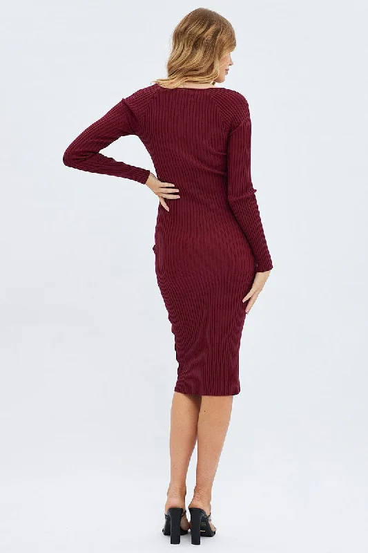 Red Knit Dress Long Sleeve Midi