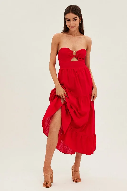 Red Maxi Dress Sleeveless Bandeau Ring Detail