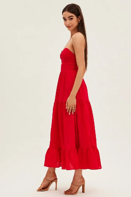 Red Maxi Dress Sleeveless Bandeau Ring Detail