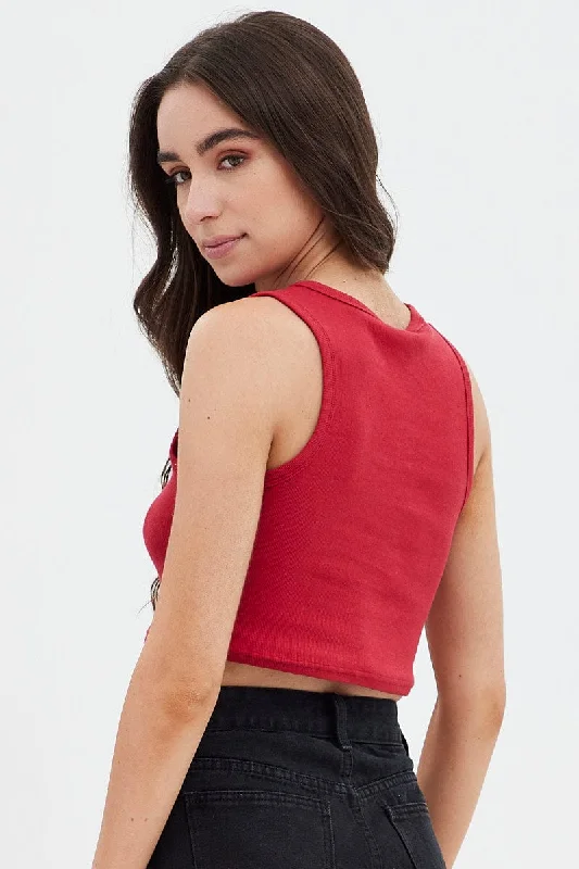 Red Rib Tank Top Dragon Embroidery