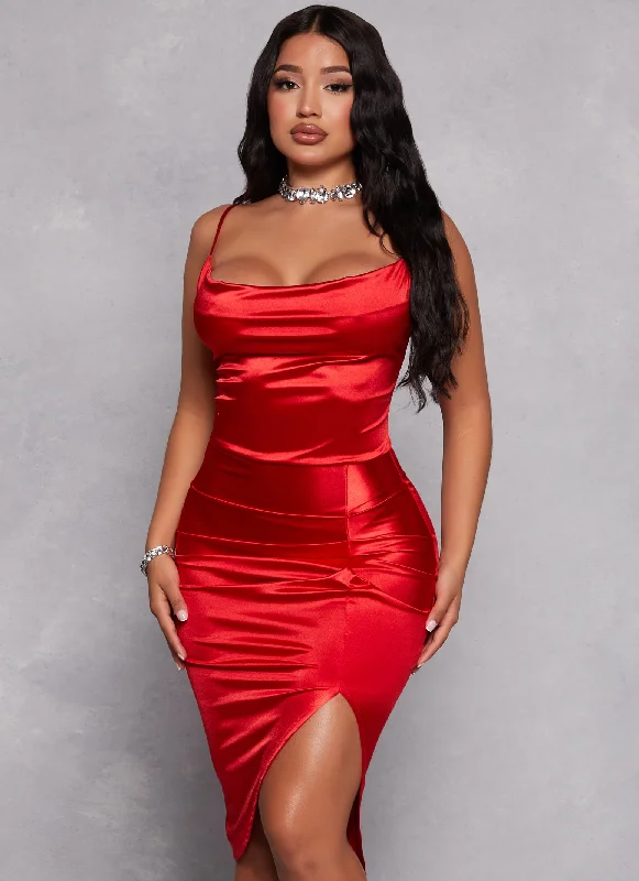 Satin Cowl Neck Side Slit Cami Dress