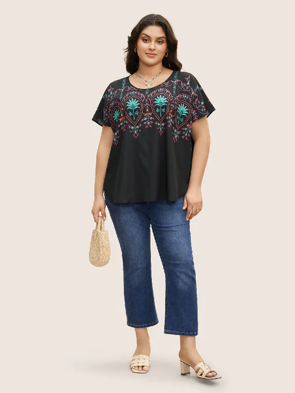 Round Neck Boho Print Dolman Sleeve Blouse