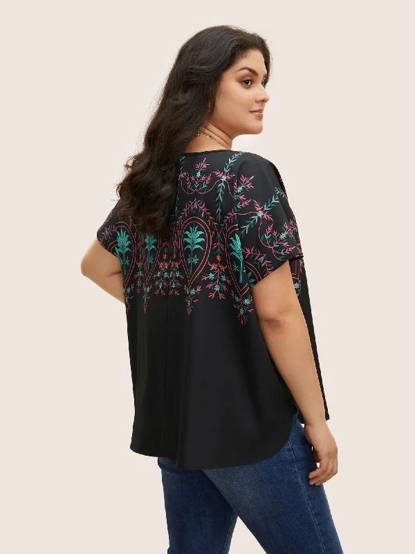 Round Neck Boho Print Dolman Sleeve Blouse