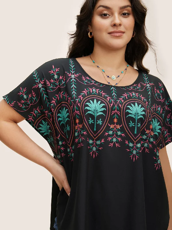 Round Neck Boho Print Dolman Sleeve Blouse