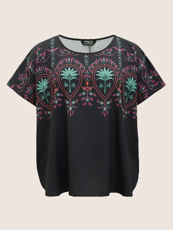 Round Neck Boho Print Dolman Sleeve Blouse