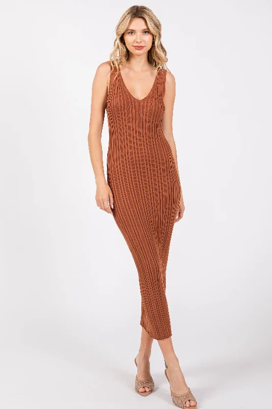 Rust V Neck Sleeveless Knit Midi Dress