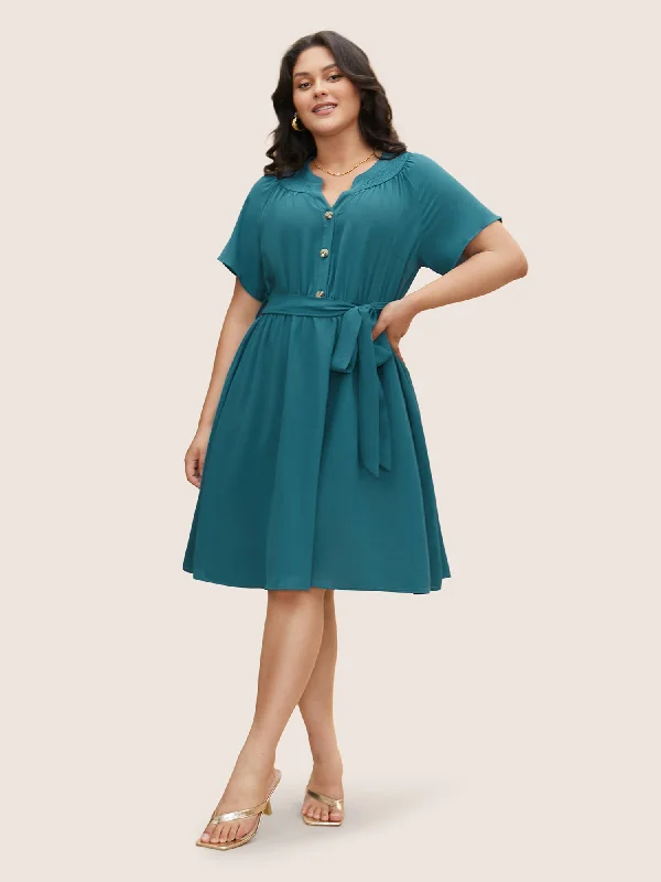 Shirred Notched Button Up Belted Dress