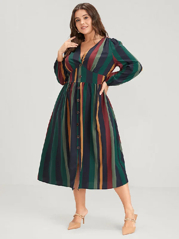 Striped Lantern Sleeve Pocket Button Front Midi Dress