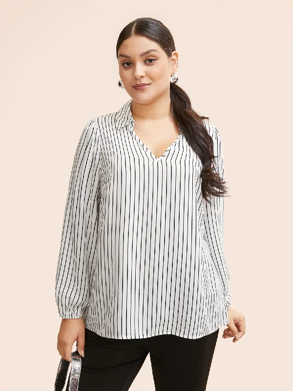 Striped Lapel Collar Lantern Sleeve Blouse