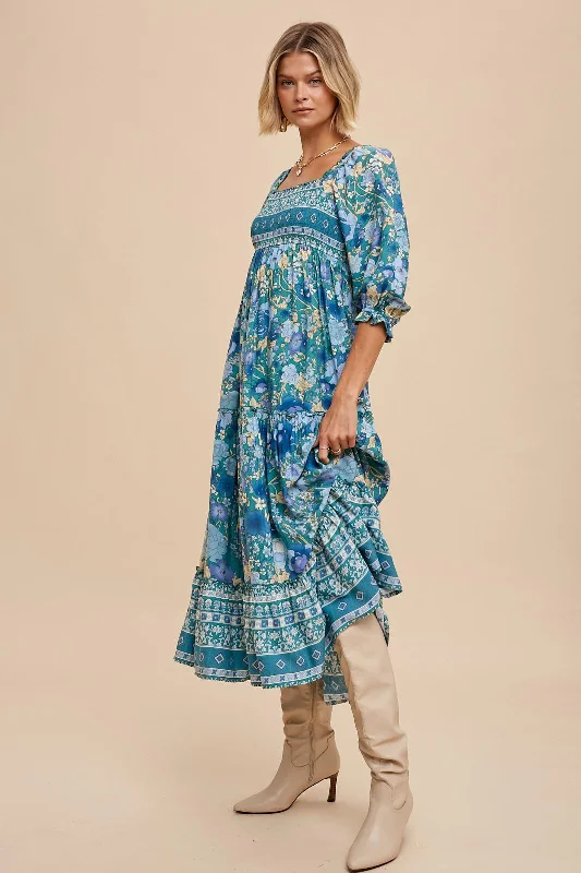 Teal Floral Smocked Half-Length Sleeves Midi Dress