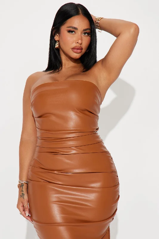 Tina Faux Leather Midi Dress - Cognac