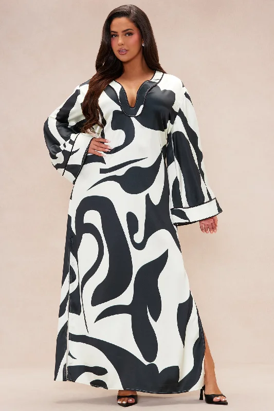 Valentina Satin Kaftan Maxi Dress - Black/White