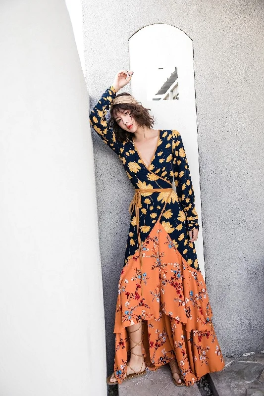 Vintage Floral Full Sleeve V-Neck Dress