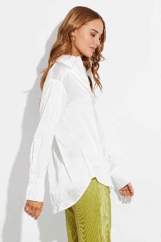 White Satin Long Sleeve Button Up Collared Shirt