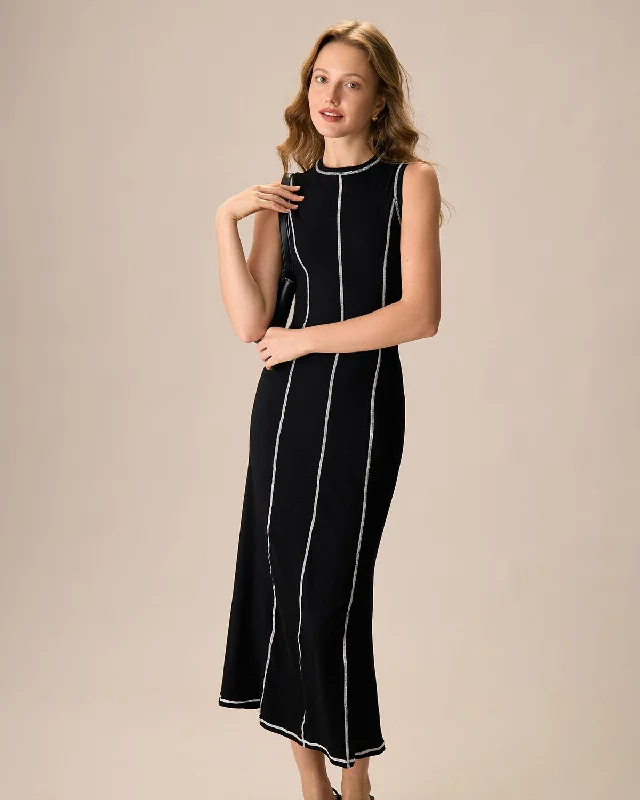 Women's Black Contrasting Knitted Maxi Dresses