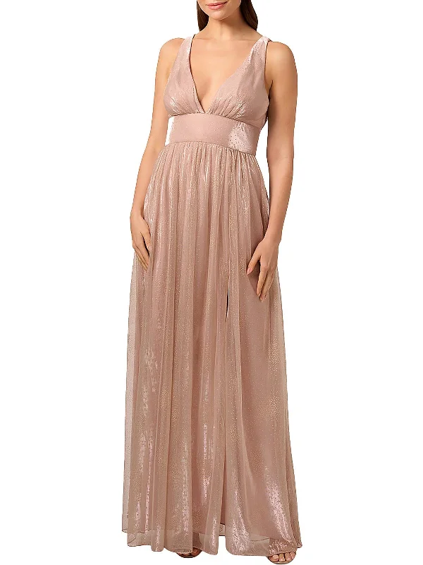 Womens Metallic Plunging Neckline Evening Dress