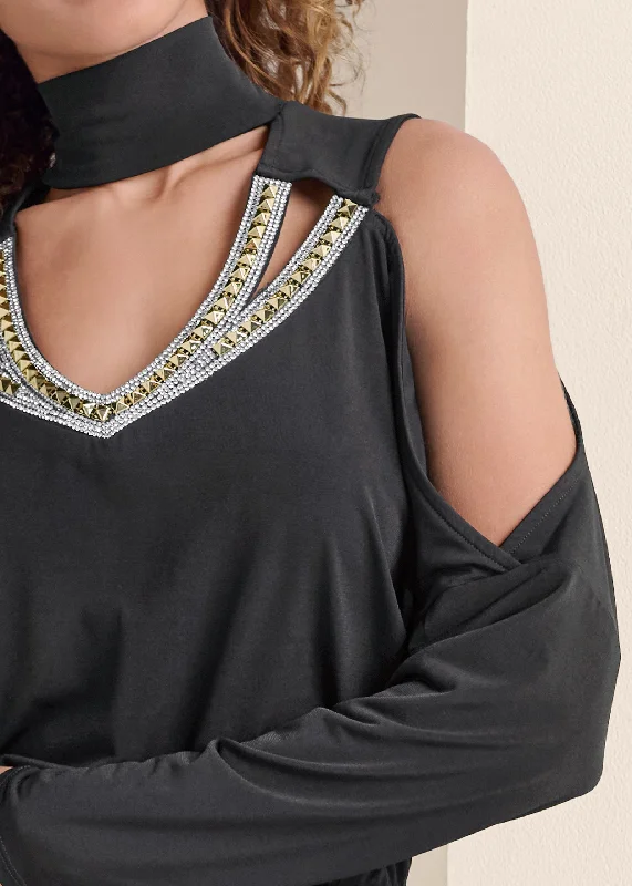 Embellished cold-shoulder dress  - Black