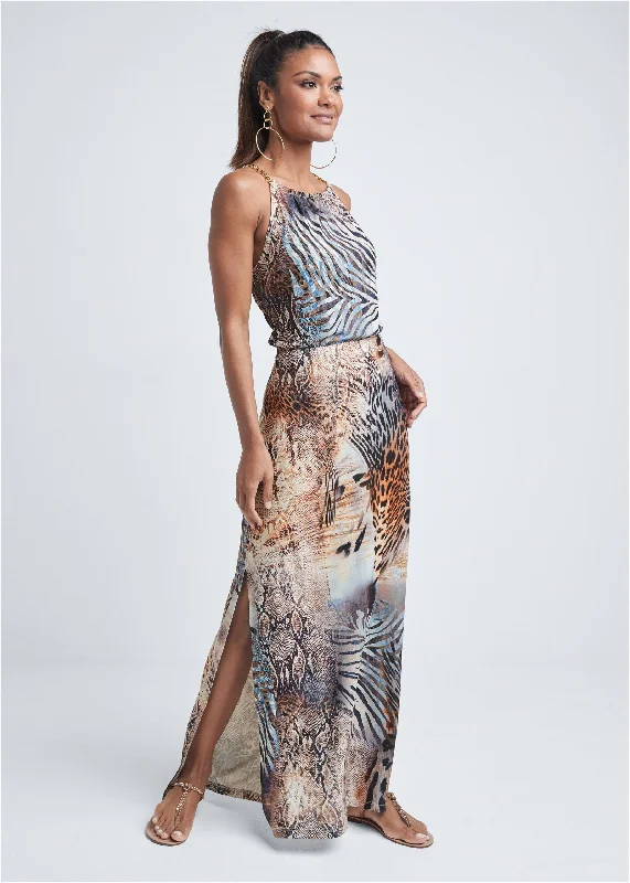 Chain strap maxi dress - Brown Multi