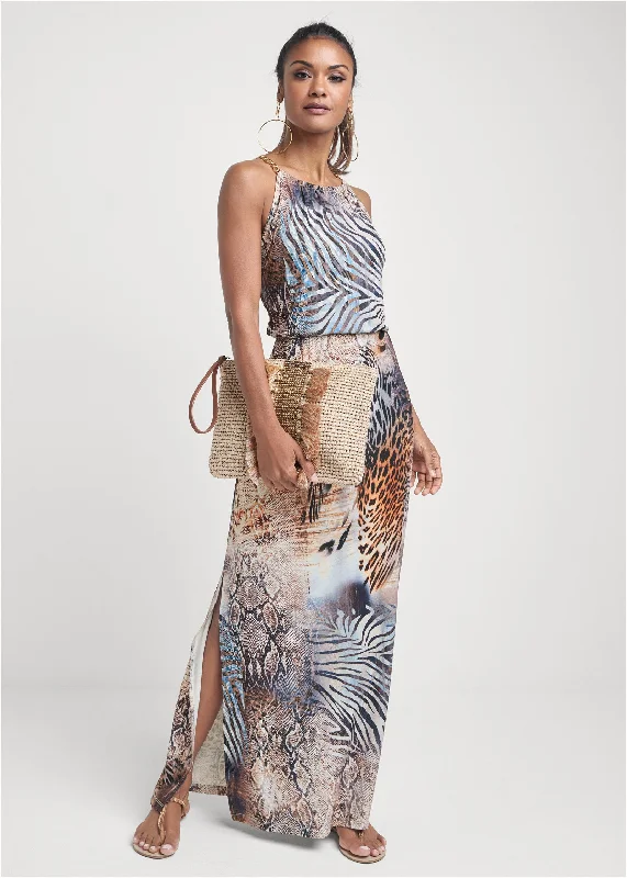 Chain strap maxi dress - Brown Multi