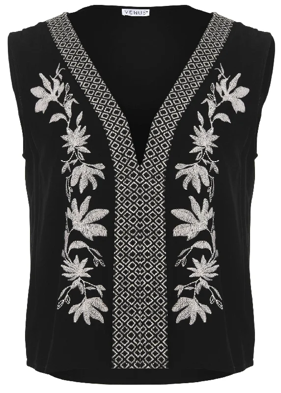 Embroidered floral tank - Black