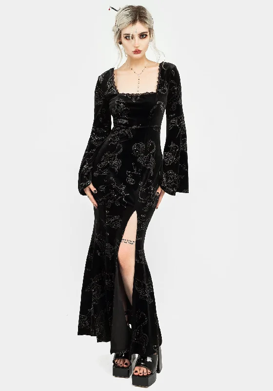 Zodiac Foil Print Velour Flute Sleeve Maxi Gown