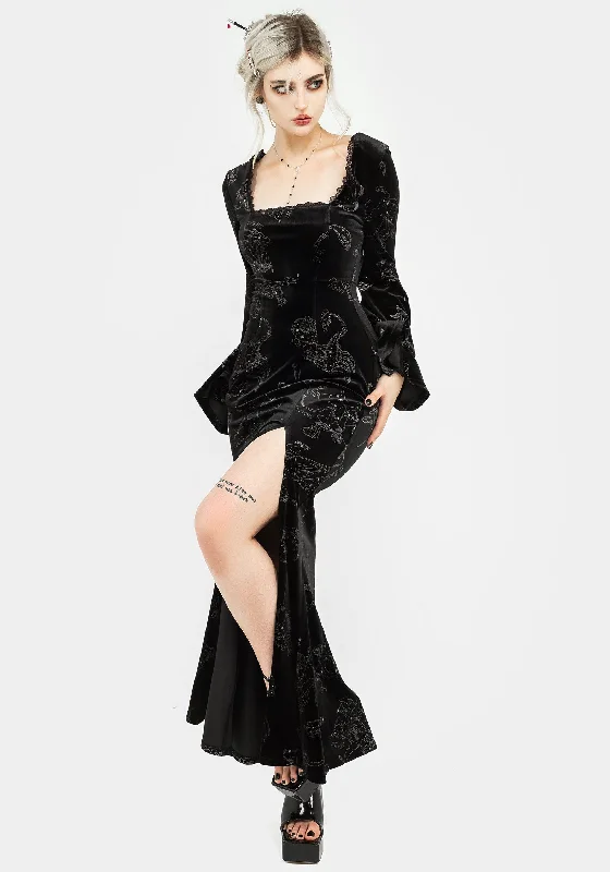 Zodiac Foil Print Velour Flute Sleeve Maxi Gown