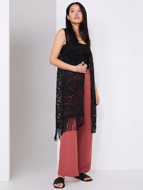 Sleeveless Lace Duster With Fringe Bottom