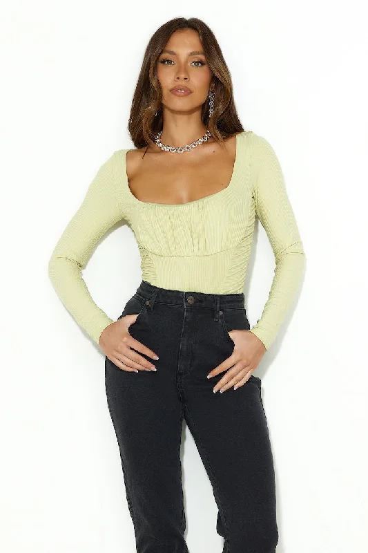 Around The Clock Ribbed Long Sleeve Bodysuit Lime