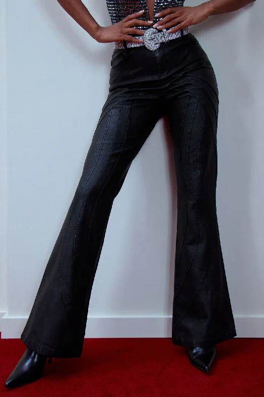 Ayana Washed Faux Leather Flare Pant - Black