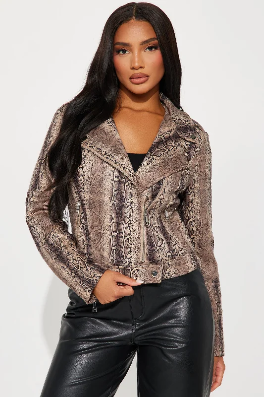 Beatrix Snake Print Moto Jacket - Brown/combo