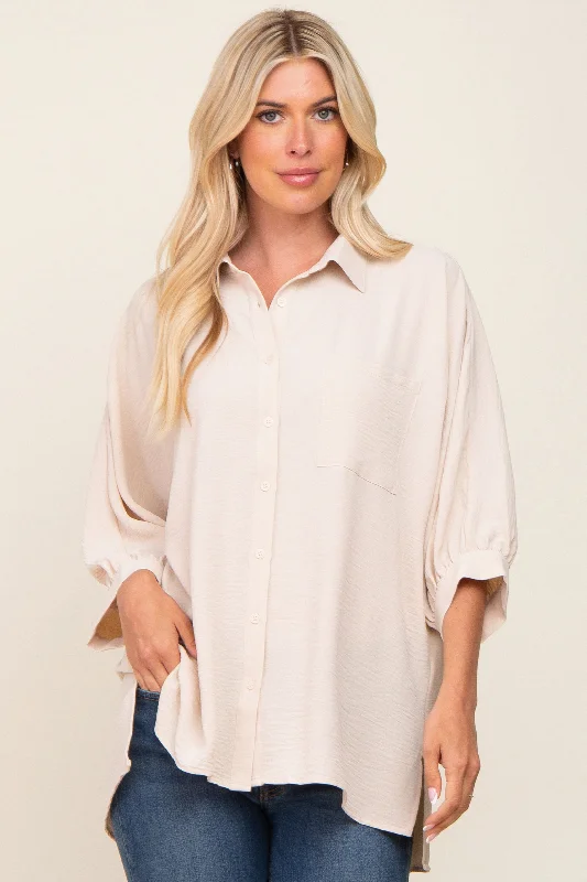 Beige Button Down 3/4 Sleeve Top