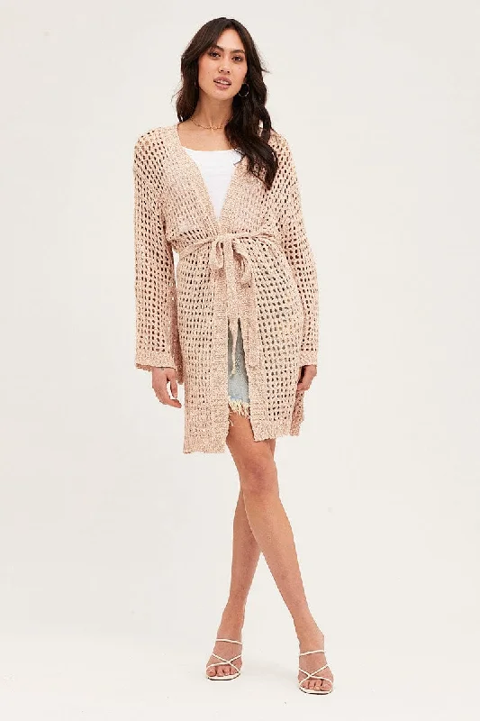 Beige Crochet Open Knit Cardigan