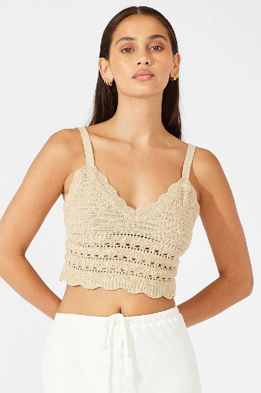 Beige Crochet Top Sleeveless V Neck Crop Knitted