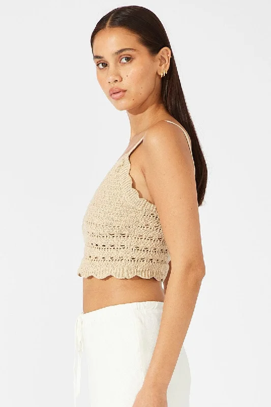 Beige Crochet Top Sleeveless V Neck Crop Knitted