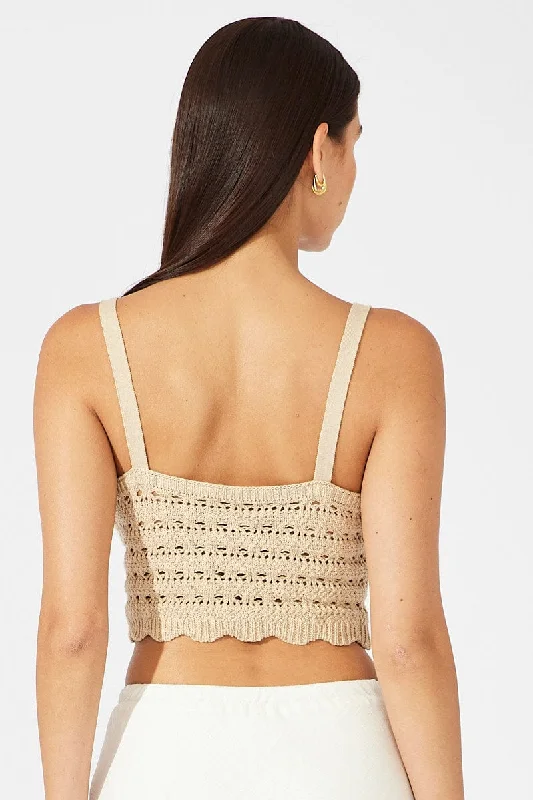 Beige Crochet Top Sleeveless V Neck Crop Knitted