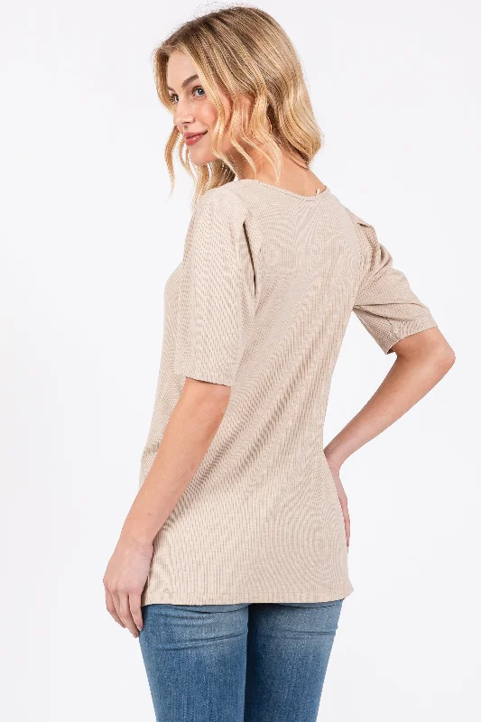 Beige Ribbed Ruched Square Neck Puff Sleeve Top