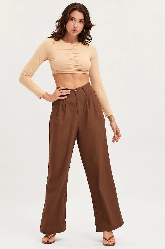 Beige Ruched Crop Top Long Sleeve