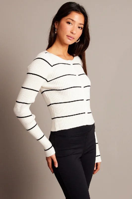 Beige Stripe Fitted Cardigan Long Sleeve Round Neck Stripe