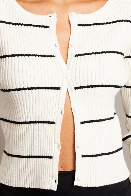 Beige Stripe Fitted Cardigan Long Sleeve Round Neck Stripe