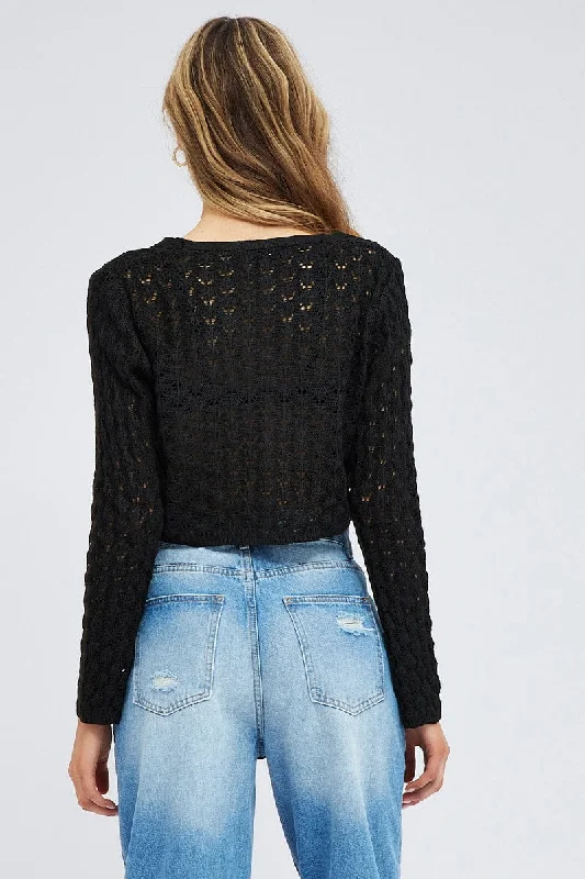 Black Crochet Knit Cardigan Long Sleeve